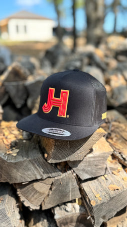 New 2024 Jobes Hats All black Trucker- Red Matte with Gold Matte outline