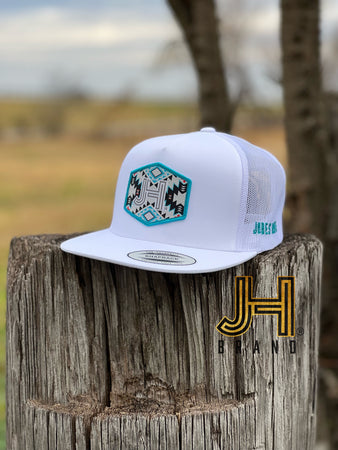 New 2022 Jobes Trucker Cap-  All White JH Turquoise Aztec Patch