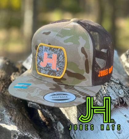 NEW 2022 Jobes Hats Trucker Camo/Brown Neon Orange Outline - Jobes Hats